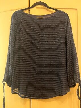 Banana Republic Navy Sheer Striped Boatneck Blouse with Sleeve Ties
